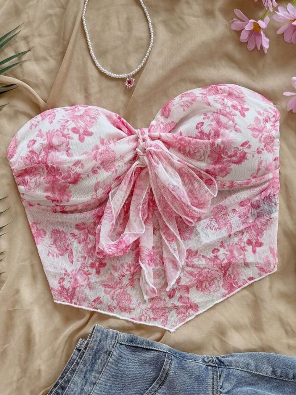 Floral Tie-Front Bustier Top - Pink